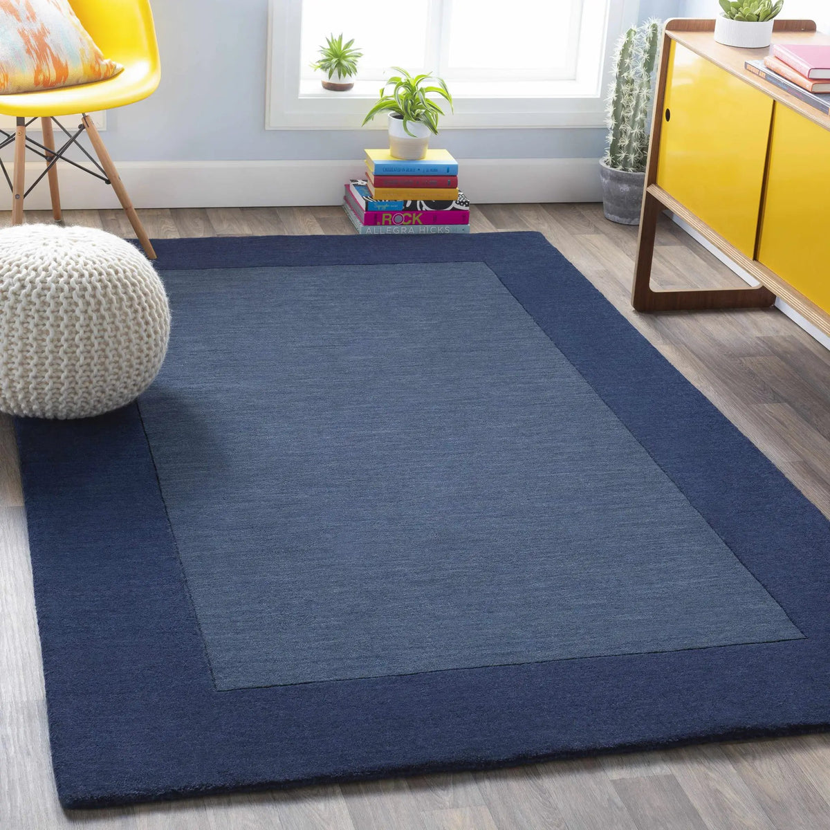 Bordered Solid Ink Blue Wool Rug, installed in a room 2
