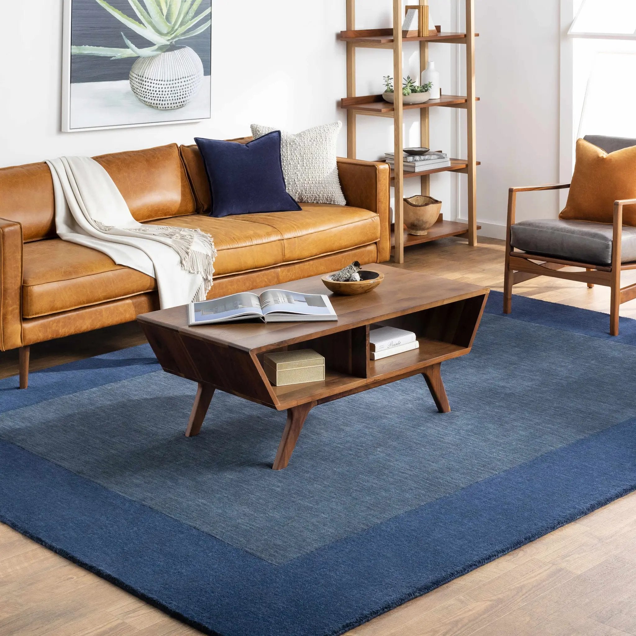 Bordered Solid Ink Blue Wool Rug by Boutique Rugs
