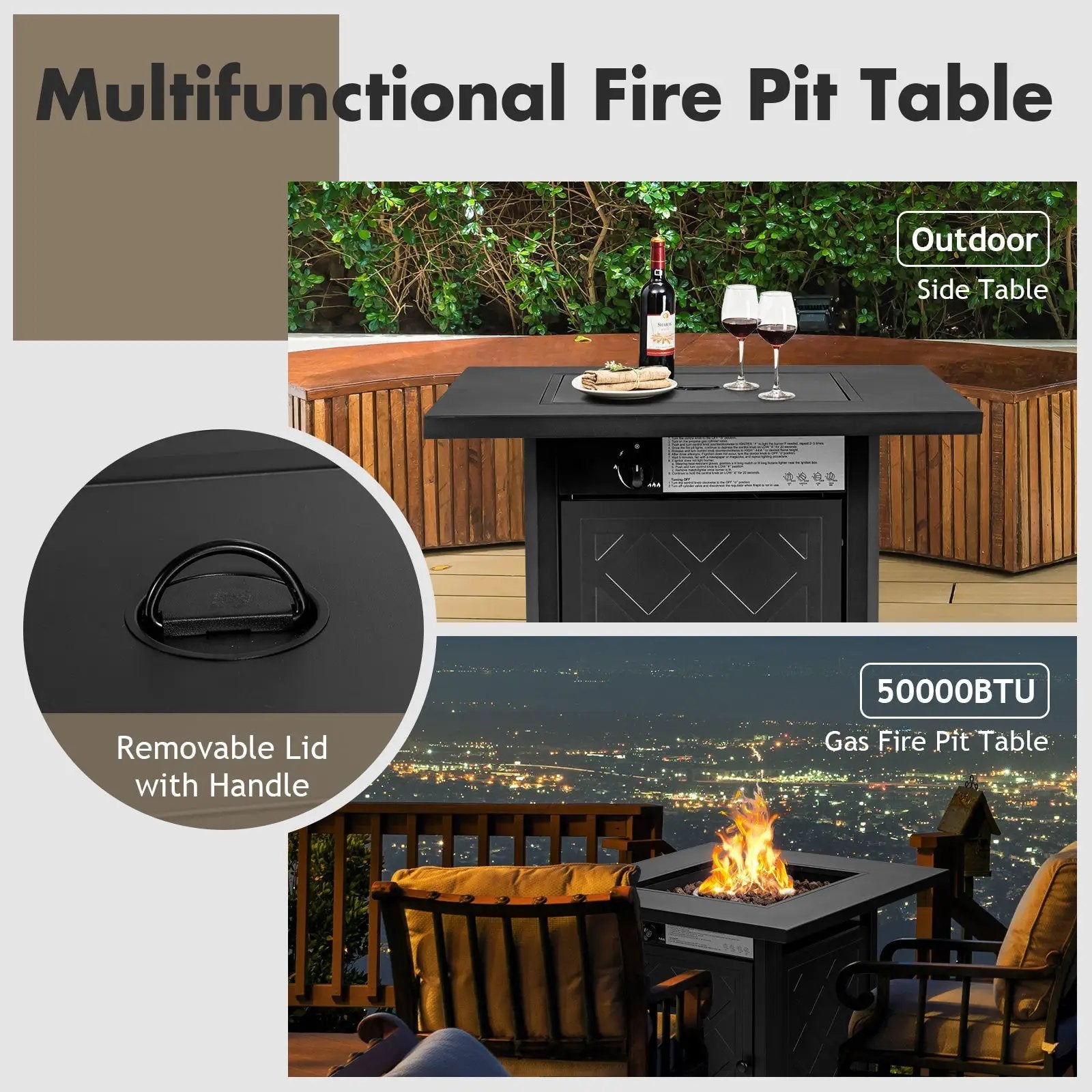 28 Inch Propane 50 000 BTU Patio Square Gas Fireplace with Lava Rock-Black by DirectDeals