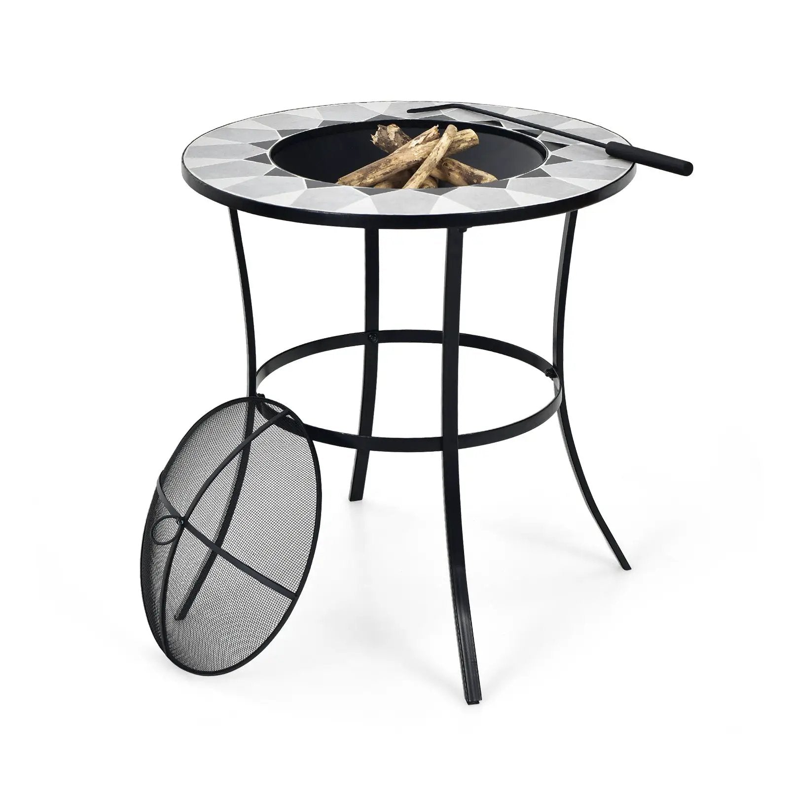 23.5 Inches Round Fire Pit Table with Mesh Cover and Fire Poker by DirectDeals