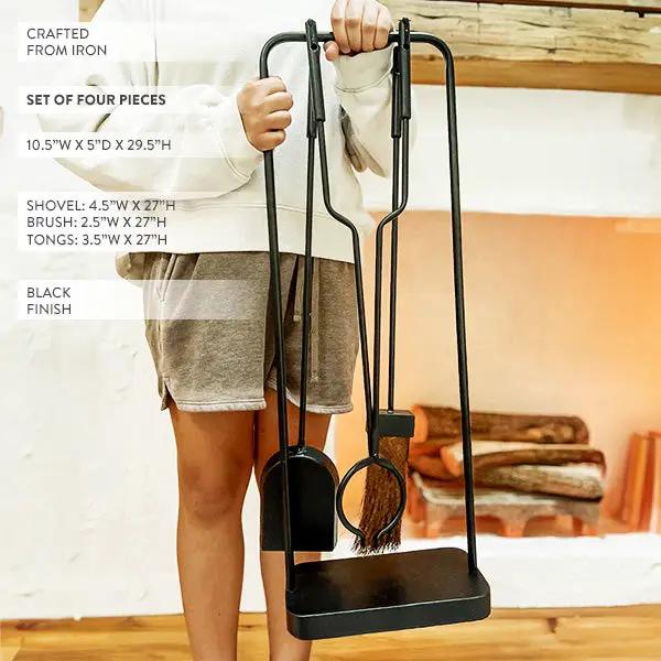 Black Iron Fireplace Tool Set with Shovel Brush Tongs by Decor Steals