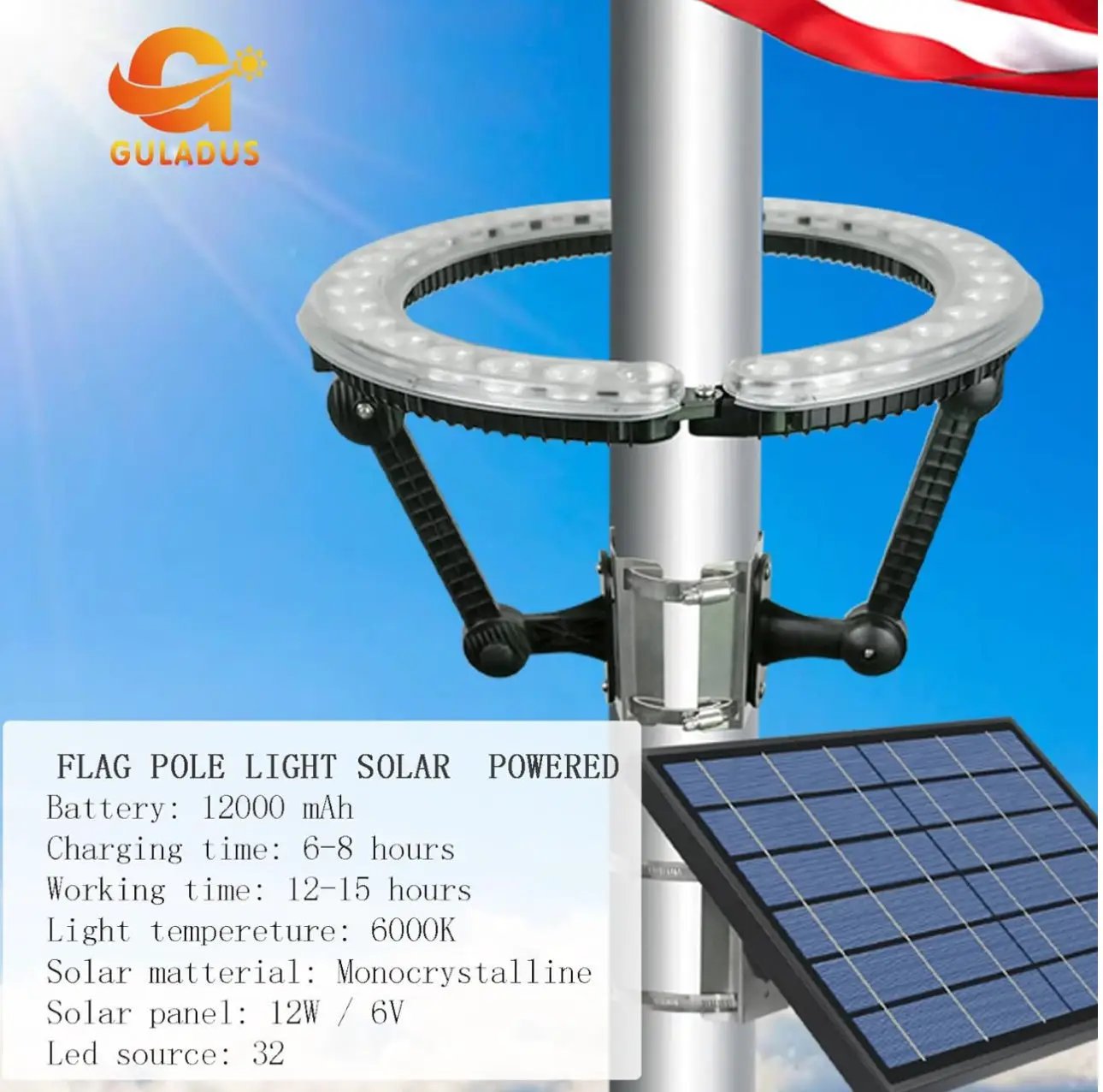 Flagpole Solar Light 4640 Lumen 12000mAh Rechargeable Battery Flag Pole Light Solar Powered 32 Brightest LED Outdoor Waterproof Fits Diameter 2-6 in Flagpoles Work up to 16 Hours Flag Lights by Outdoor Solar Outlet