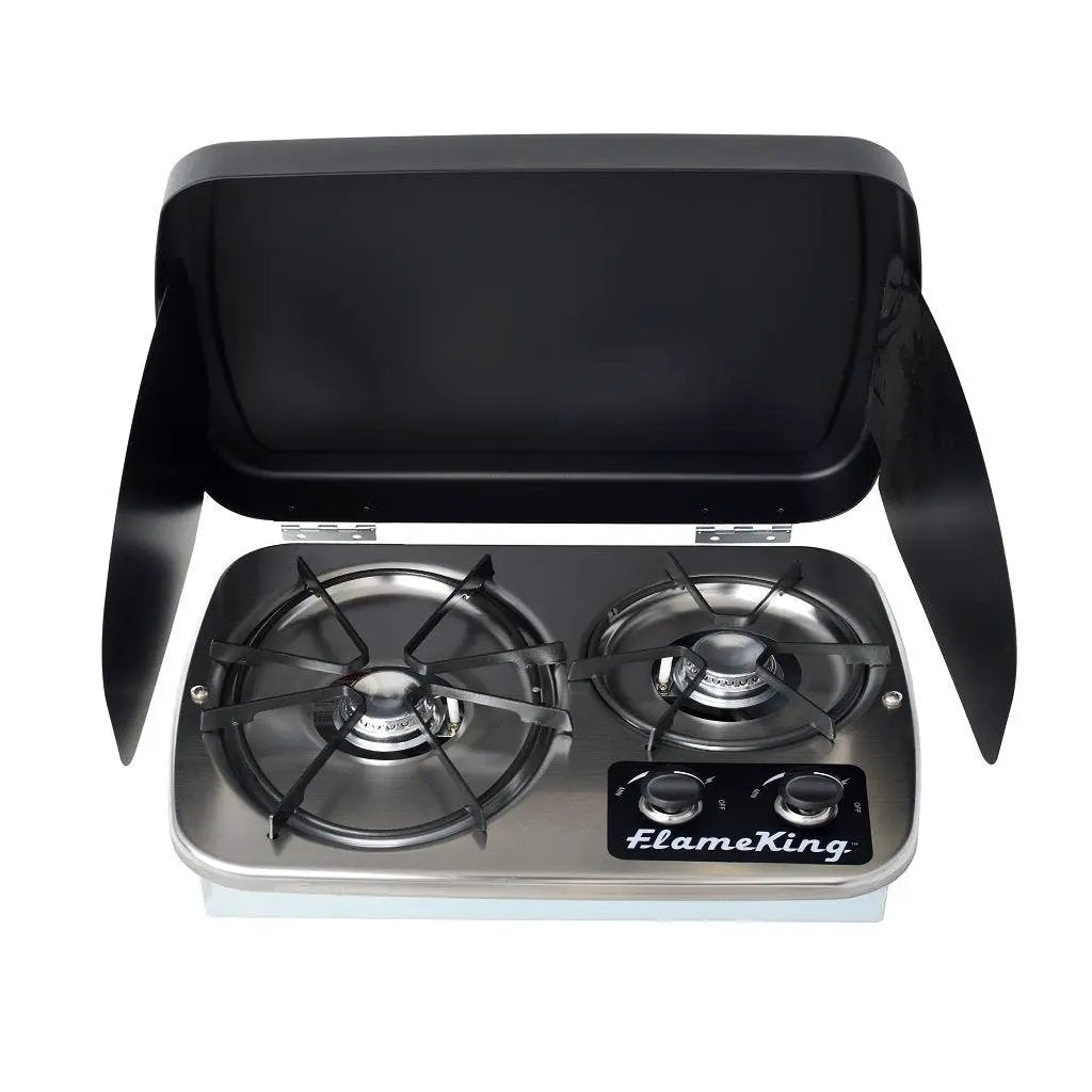 Flame King 2 Burner Built-In RV Trailer Stove with Wind Shield by Flame King Products