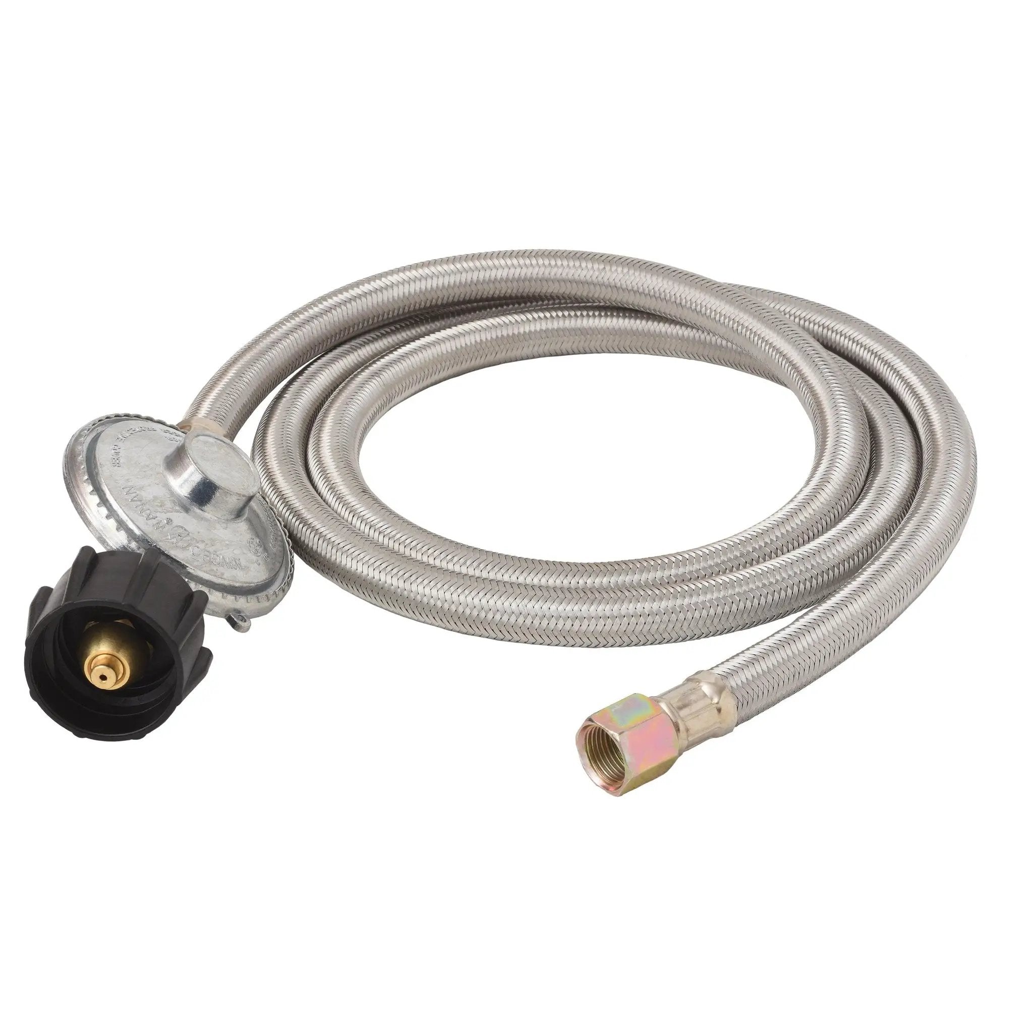 Flame King 5 FT QCC to 3/8″ Female Flare Nut w/Regulator-Steel Braided Hose by Flame King Products
