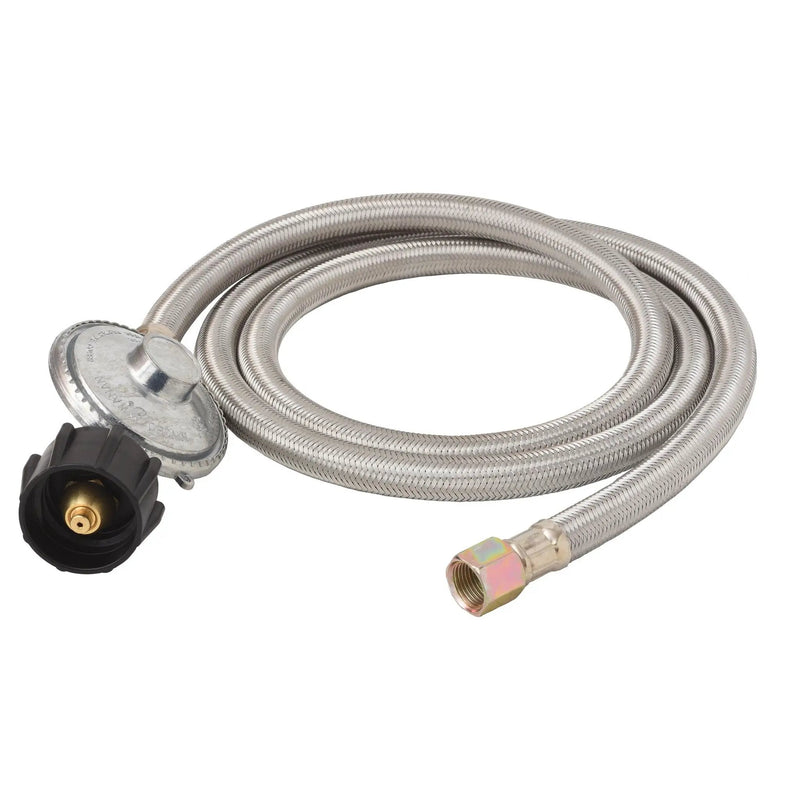 Flame King 5 FT QCC to 3/8″ Female Flare Nut w/Regulator-Steel Braided Hose by Flame King Products