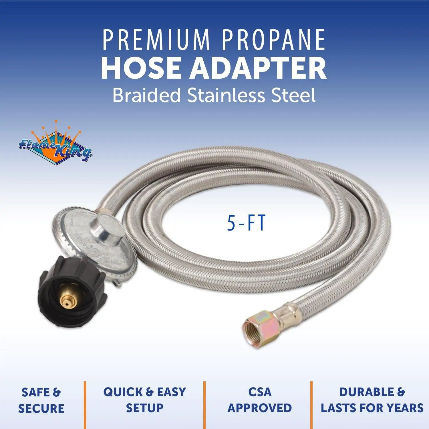 Flame King 5 FT QCC to 3/8″ Female Flare Nut w/Regulator-Steel Braided Hose by Flame King Products