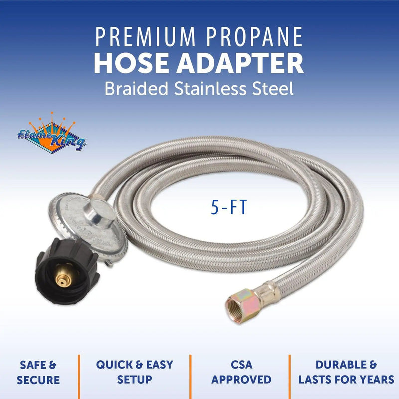 Flame King 5 FT QCC to 3/8″ Female Flare Nut w/Regulator-Steel Braided Hose by Flame King Products
