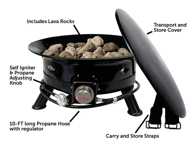 Flame King Outdoor Portable Propane Gas 24" Fire Pit Bowl with Self Igniter Cover Carry Straps by Flame King Products