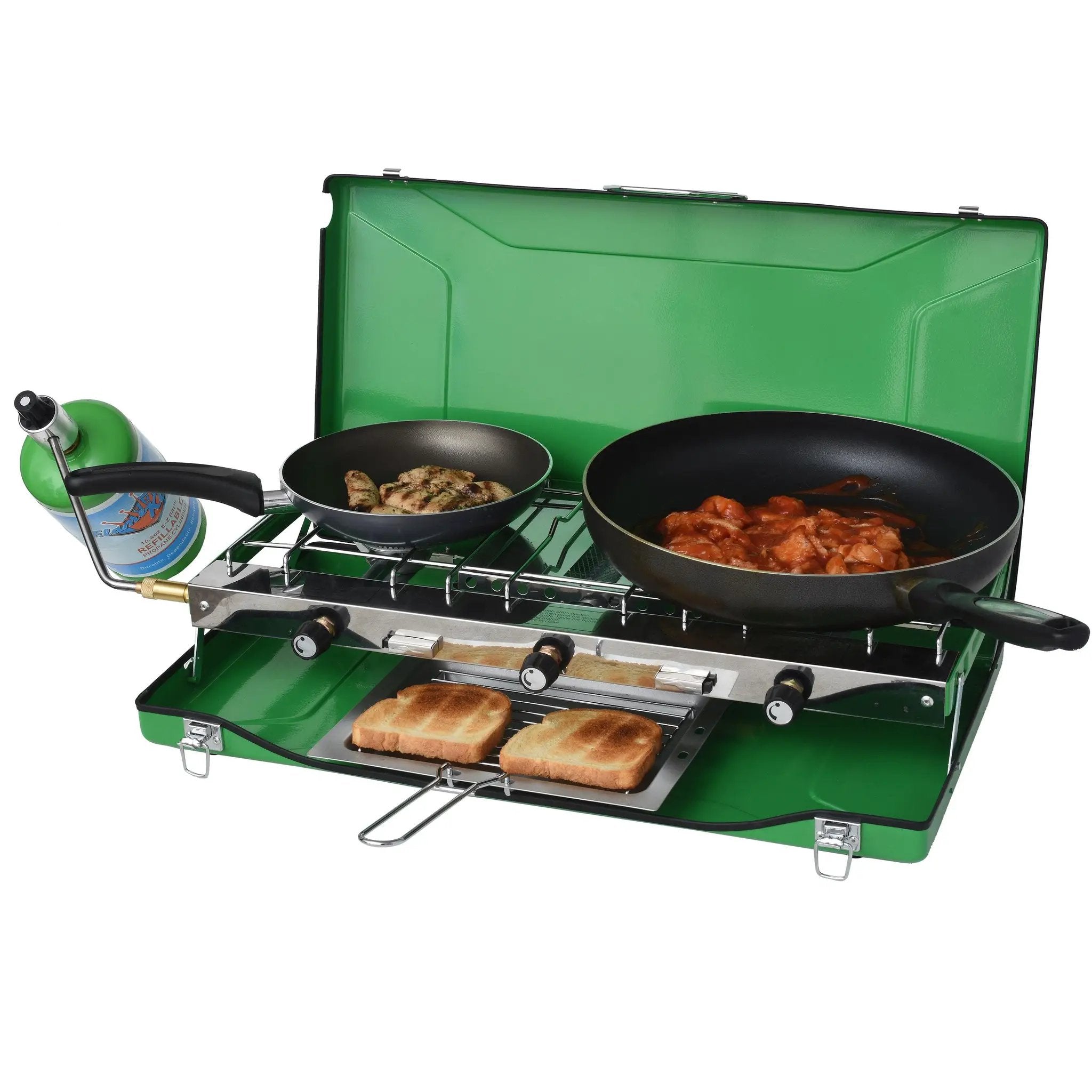 Flame King Portable 3 Burner Grill Propane Gas Camping Stove Toast Tray by Flame King Products