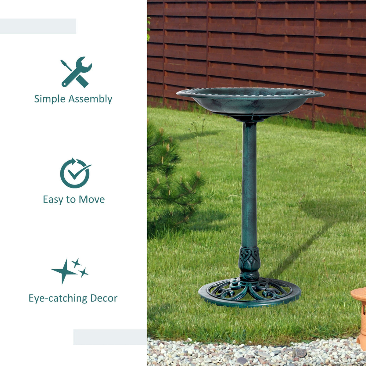 Resin Bird Bath Green Verdigris Pedestal 27 Inch, dimensions drawing