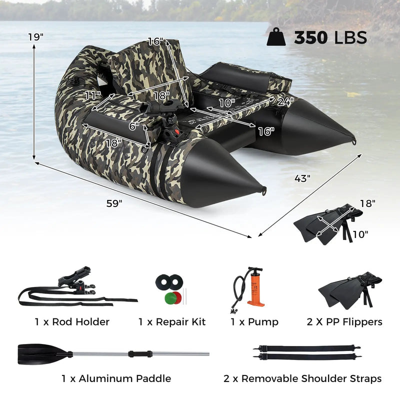 350 LBS Inflatable Fishing Float Tube with Adjustable Backrest and Backpack Straps-Camouflage by DirectDeals