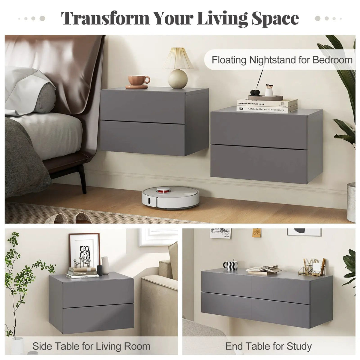 Floating Nightstand with Drawers and Storage Shelf, photo 15 of 16