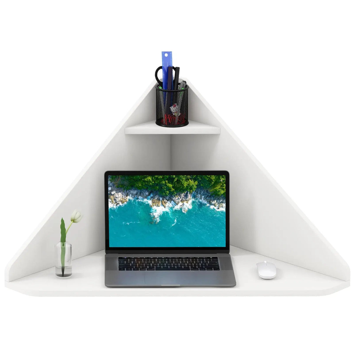 Floating Triangular Corner Computer Desk with Storage Shelf, photo 9 of 9