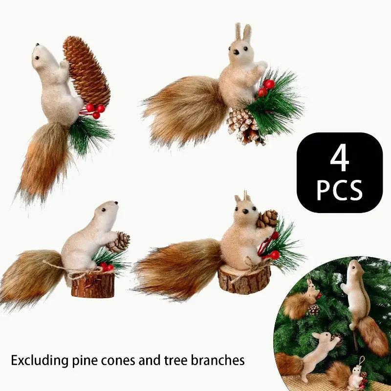 Flocked Fabric Christmas Ornaments - 4pcs Squirrel Tree Decor with Pine Cones & Red Berries by House Of Avana
