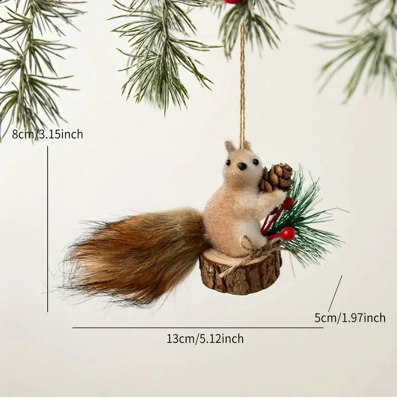 Flocked Fabric Christmas Ornaments - 4pcs Squirrel Tree Decor with Pine Cones & Red Berries by House Of Avana