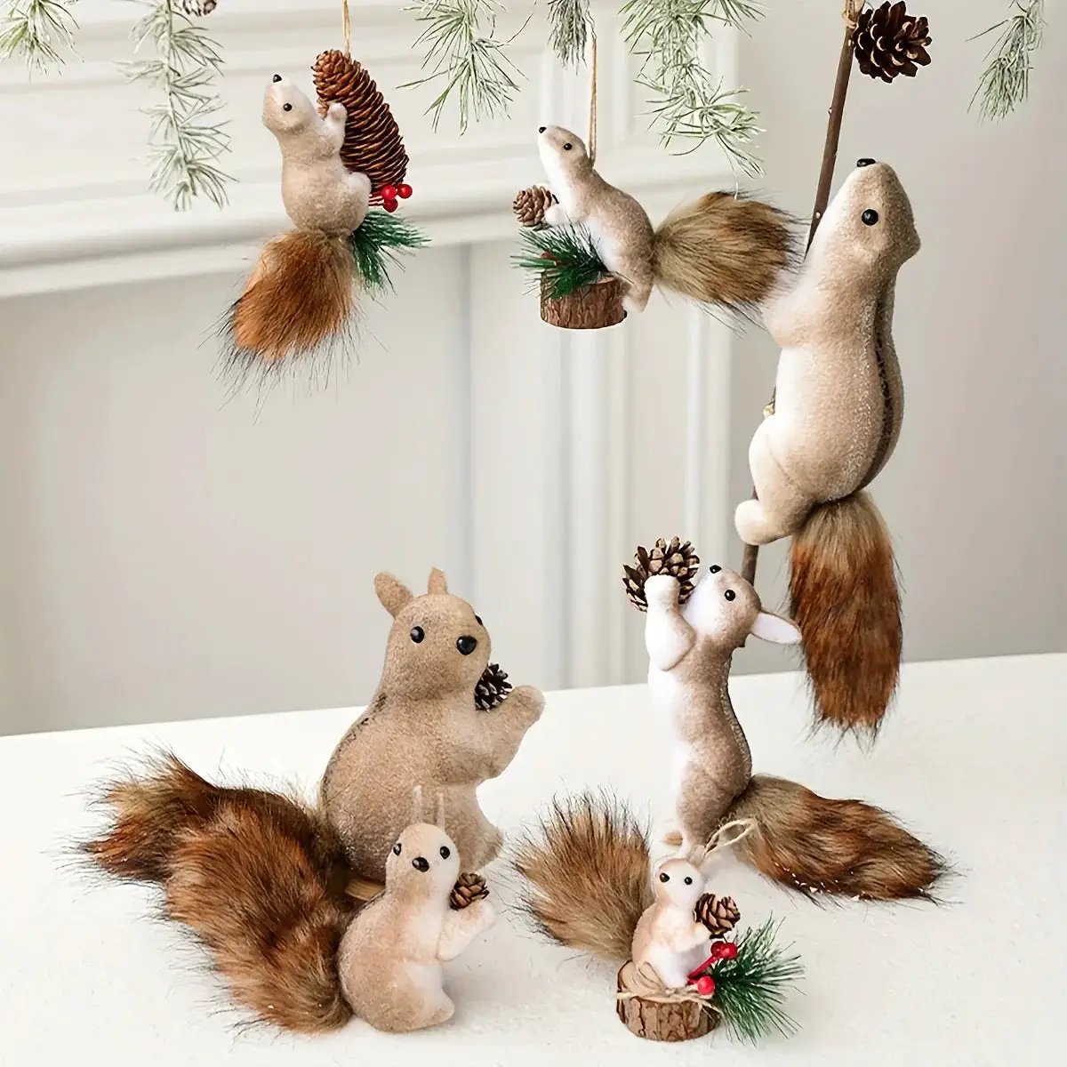 Flocked Fabric Christmas Ornaments - 4pcs Squirrel Tree Decor with Pine Cones & Red Berries by House Of Avana