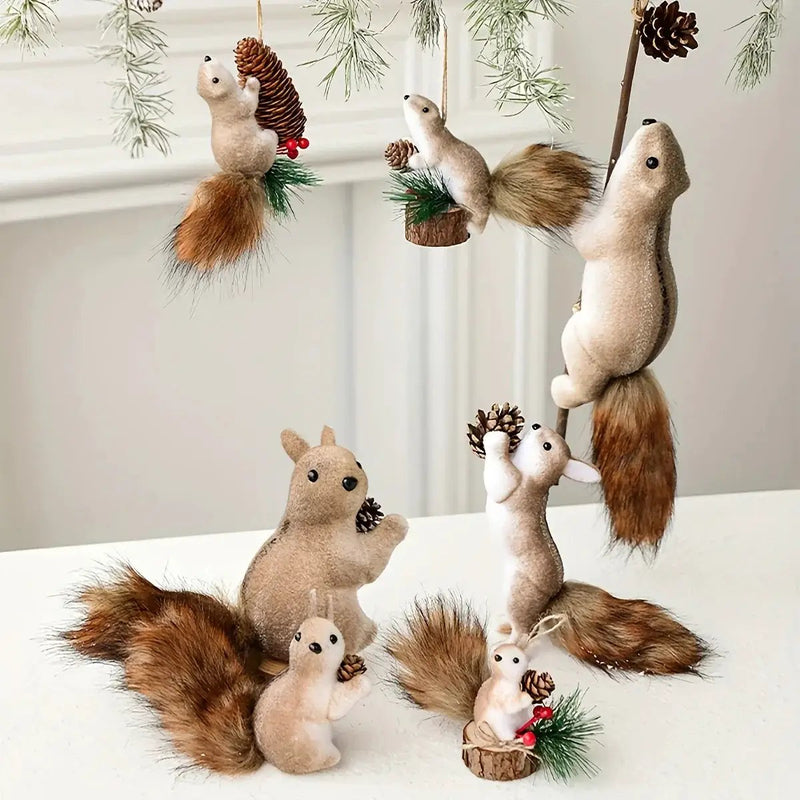 Flocked Fabric Christmas Ornaments - 4pcs Squirrel Tree Decor with Pine Cones & Red Berries by House Of Avana