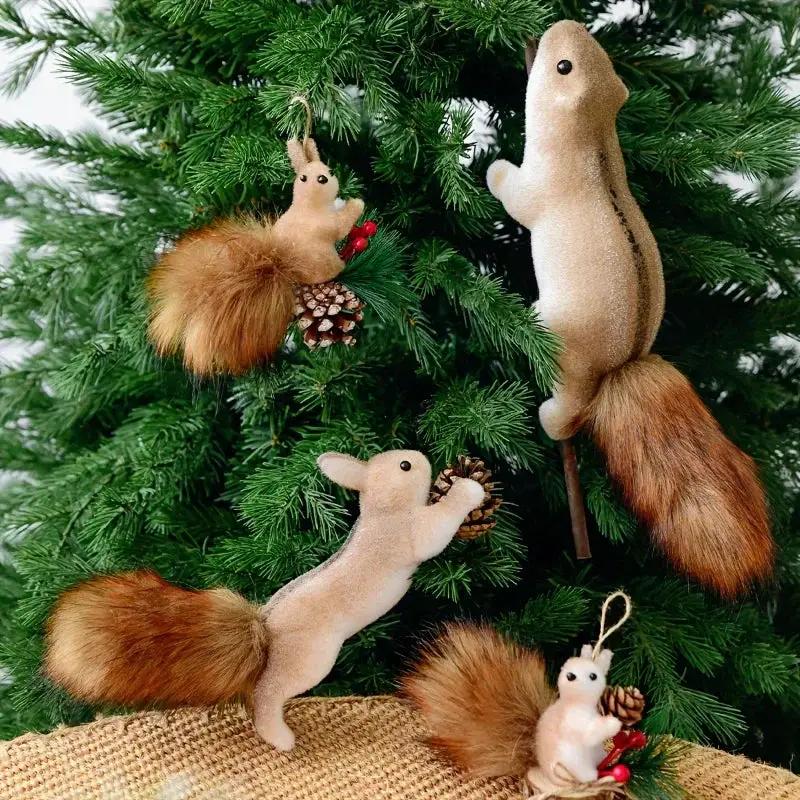 Flocked Fabric Christmas Ornaments - 4pcs Squirrel Tree Decor with Pine Cones & Red Berries by House Of Avana