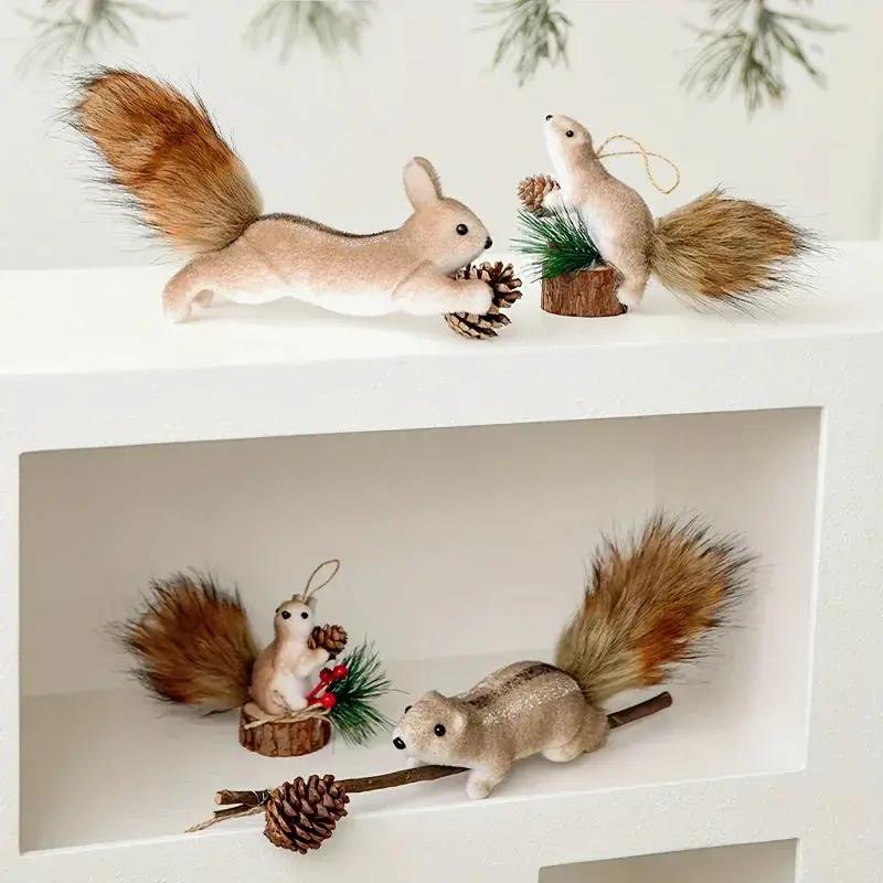 Flocked Fabric Christmas Ornaments - 4pcs Squirrel Tree Decor with Pine Cones & Red Berries by House Of Avana