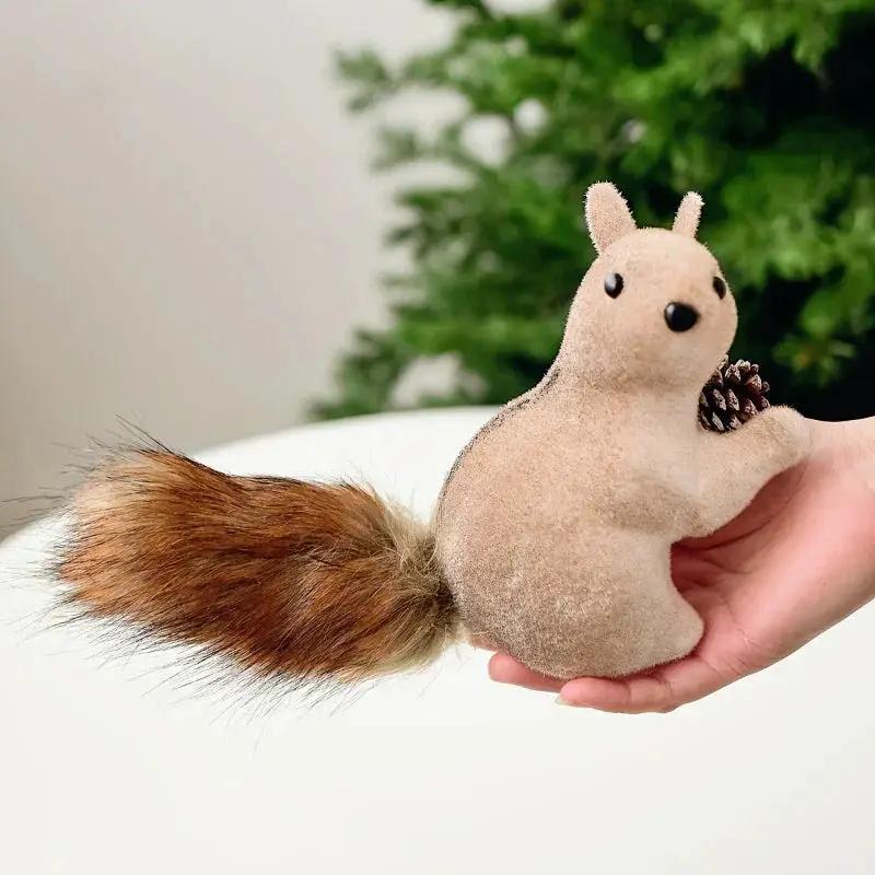 Flocked Fabric Christmas Ornaments - 4pcs Squirrel Tree Decor with Pine Cones & Red Berries by House Of Avana