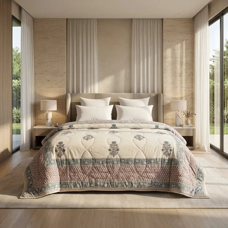 House of Avana Cream & Slate Blue Floral Jaipur Indian Hand Block Print Quilted Comforter by House Of Avana