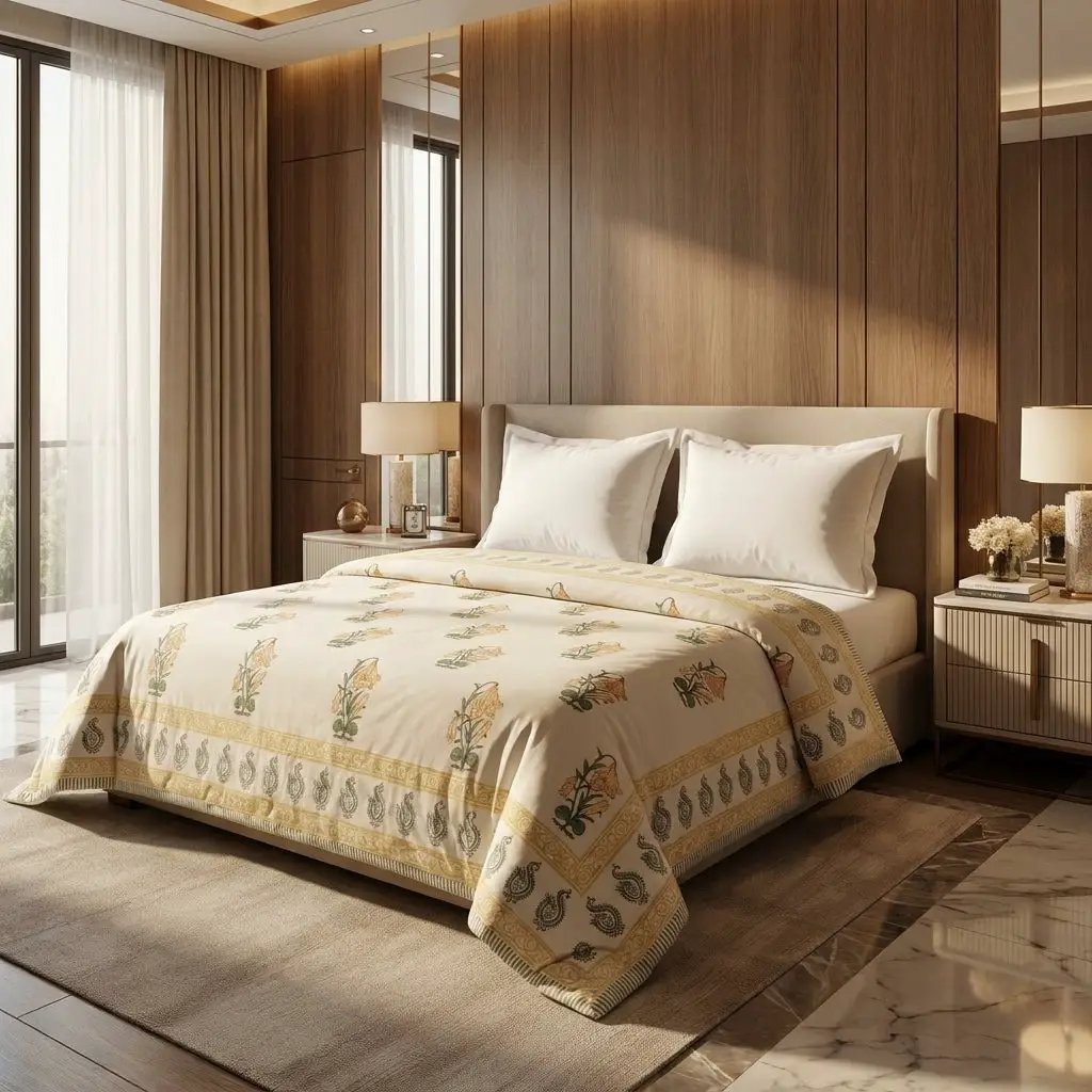 House of Avana Cream & Golden Yellow Floral Jaipur Indian Hand Block Print Quilted Comforter by House Of Avana