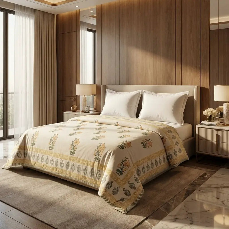 House of Avana Cream & Golden Yellow Floral Jaipur Indian Hand Block Print Quilted Comforter by House Of Avana