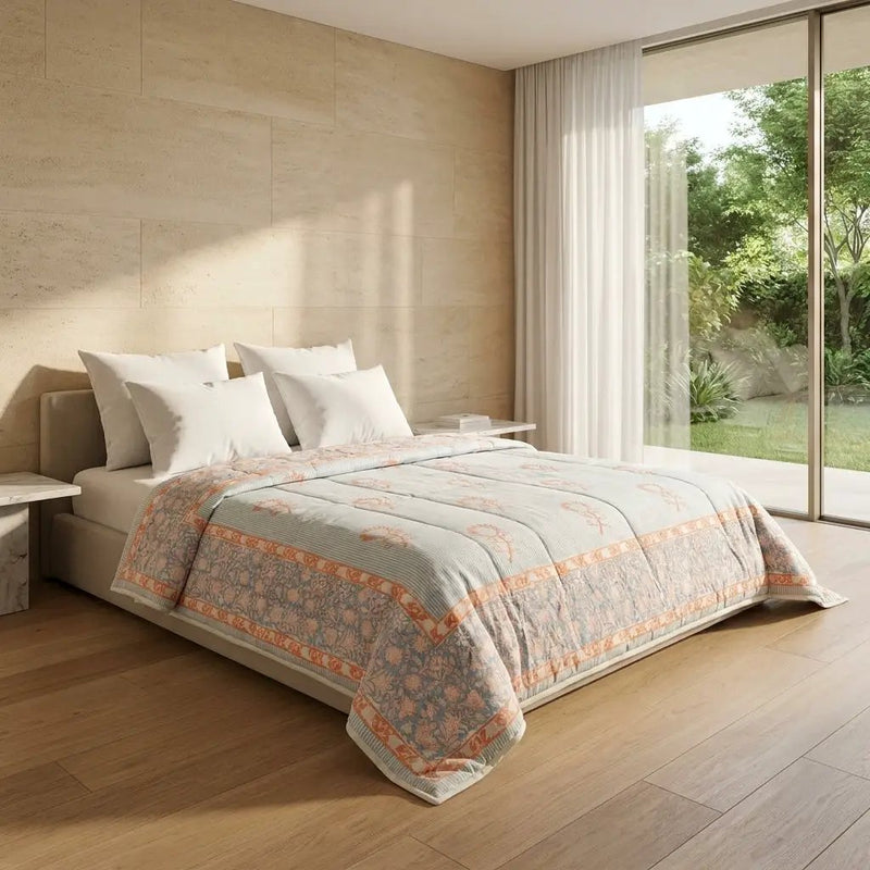 House of Avana Cream & Golden Yellow Olive Floral Jaipur Indian Hand Block Print Quilted Comforter by House Of Avana
