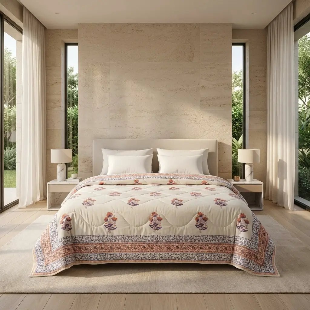 House of Avana Lavender Grey & Cream Floral Jaipur Indian Hand Block Print Quilted Comforter by House Of Avana