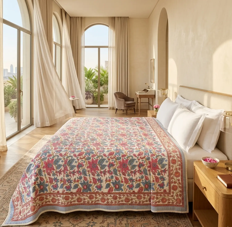 House of Avana Cream & Rose Pink Dusty Blue Floral Jaipur Indian Hand Block Print Quilted Comforter by House Of Avana
