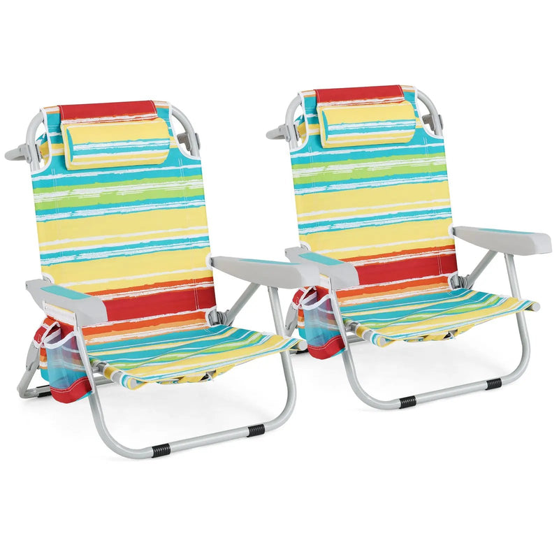 Foldable Backpack Beach Chair with Cup Holder and Storage Pockets Set of 2 by DirectDeals
