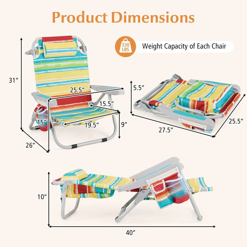 Foldable Backpack Beach Chair with Cup Holder and Storage Pockets Set of 2 by DirectDeals