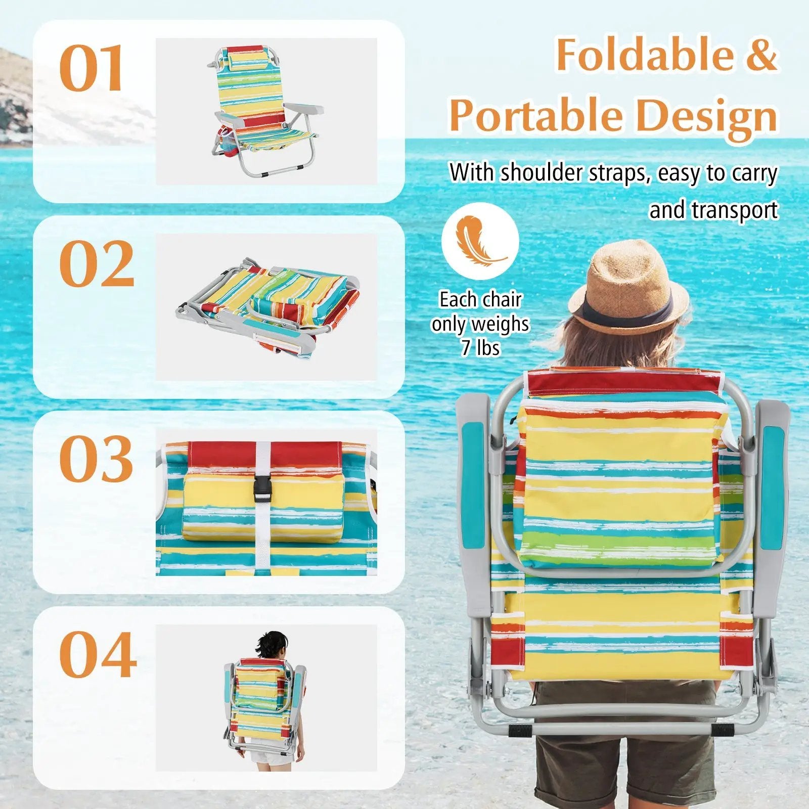 Foldable Backpack Beach Chair with Cup Holder and Storage Pockets Set of 2 by DirectDeals