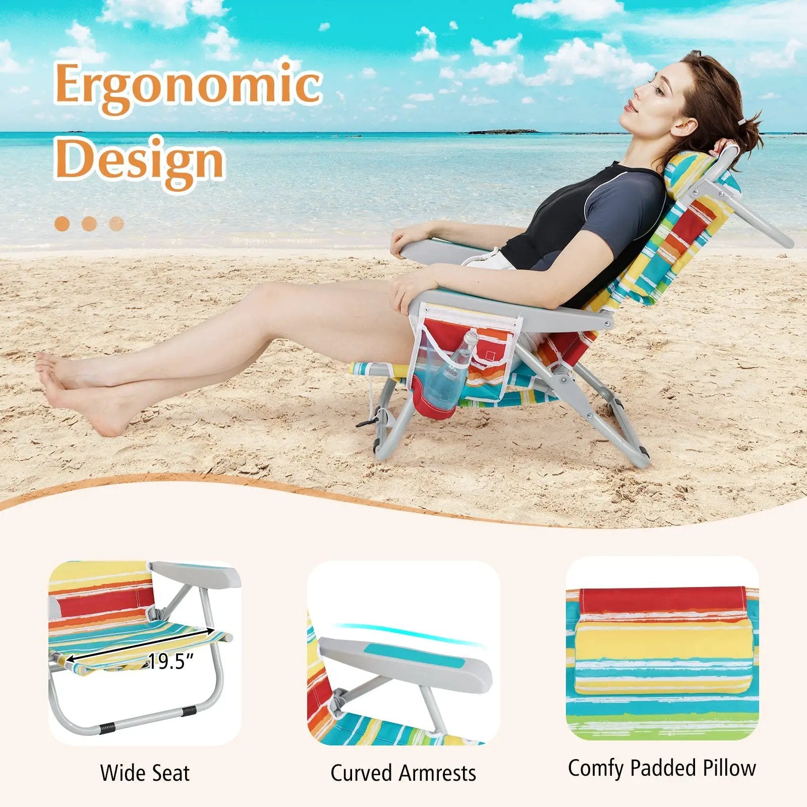 Foldable Backpack Beach Chair with Cup Holder and Storage Pockets Set of 2 by DirectDeals