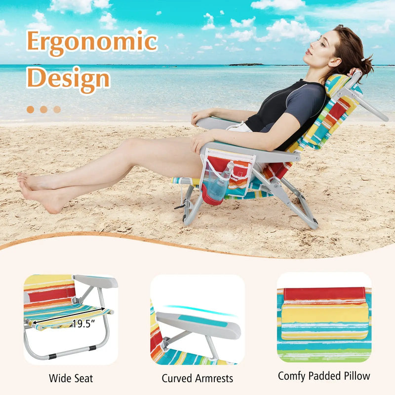 Foldable Backpack Beach Chair with Cup Holder and Storage Pockets Set of 2 by DirectDeals