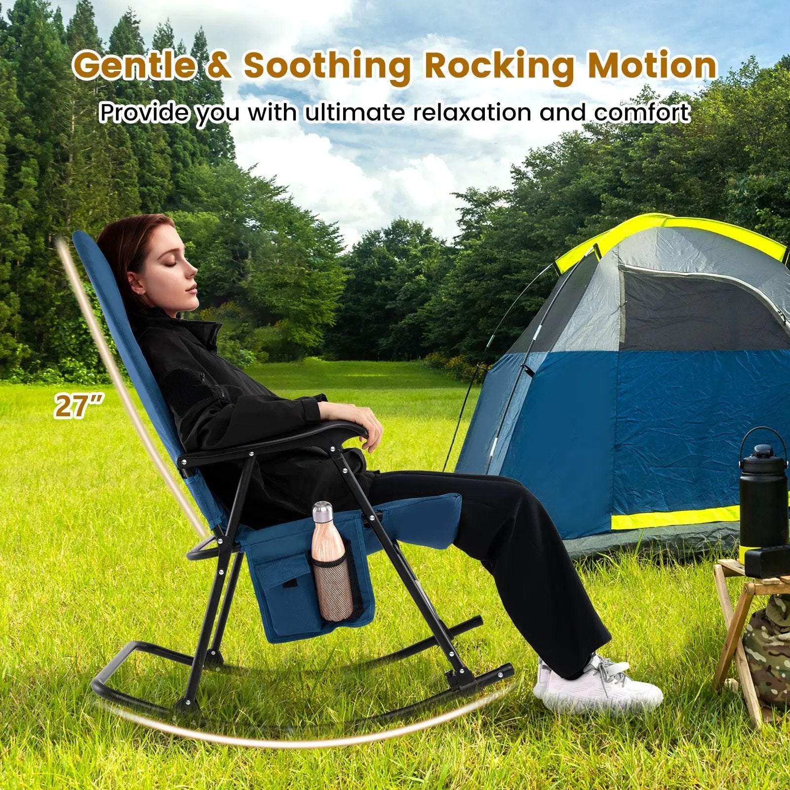 Foldable Rocking Padded Portable Camping Chair with Backrest and Armrest by DirectDeals