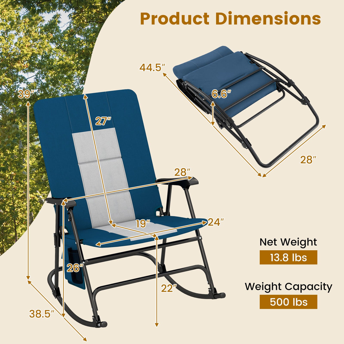 Foldable Rocking Padded Portable Camping Chair with Backrest and Armrest, photo 5 of 9
