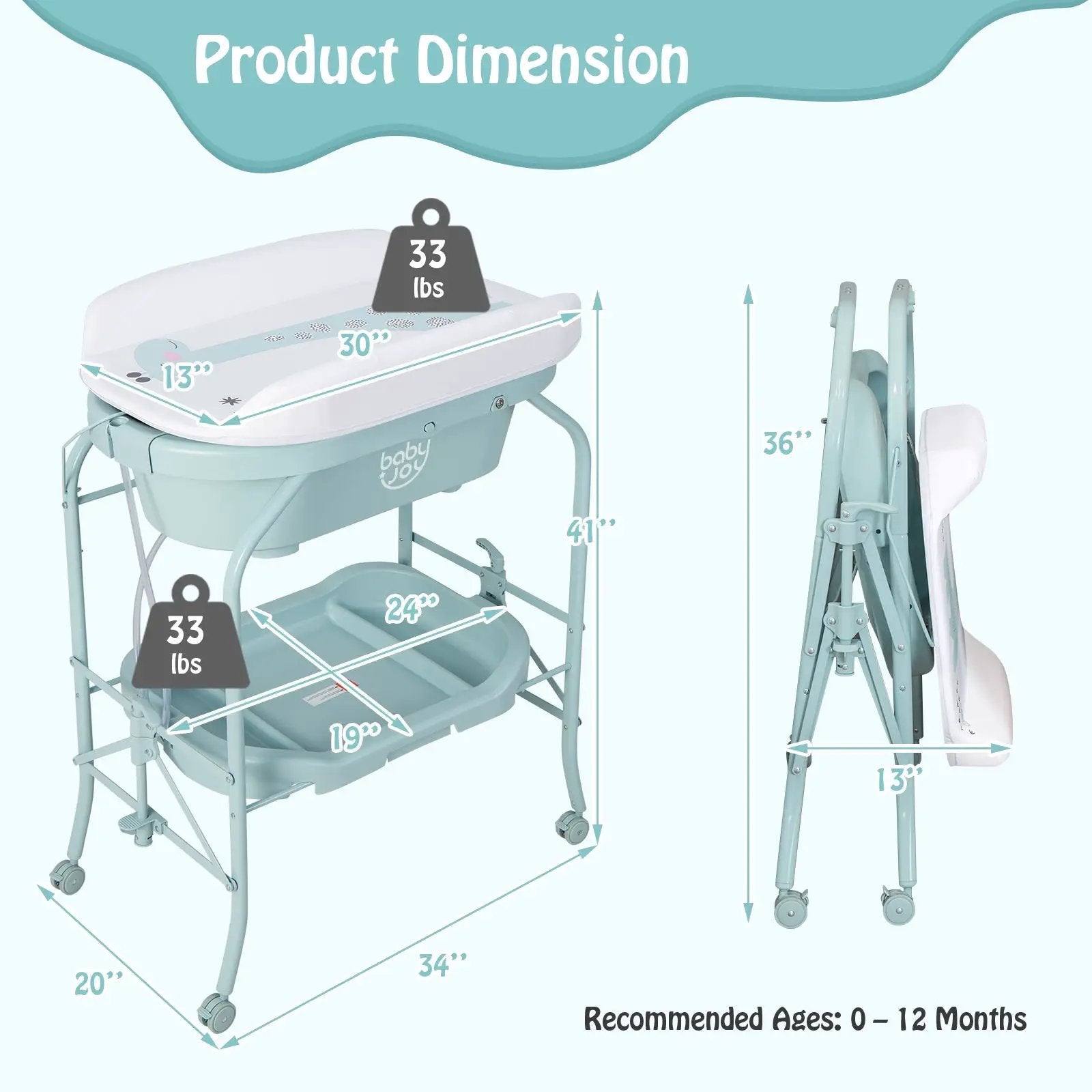 Folding Baby Changing Table with Bathtub and 4 Universal Wheels by DirectDeals