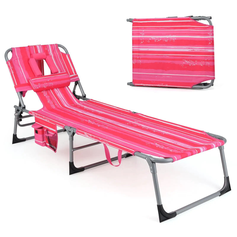 Folding Beach Lounge Chair with Pillow for Outdoor-Pink and White by DirectDeals