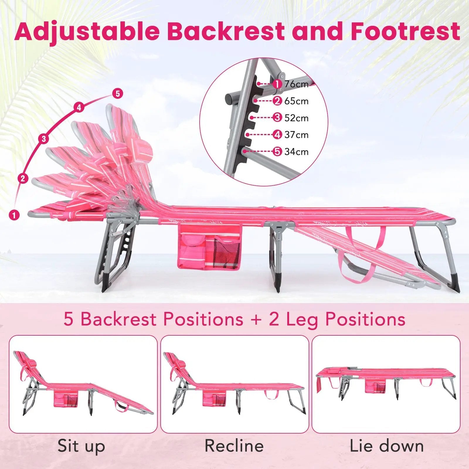 Folding Beach Lounge Chair with Pillow for Outdoor-Pink and White by DirectDeals
