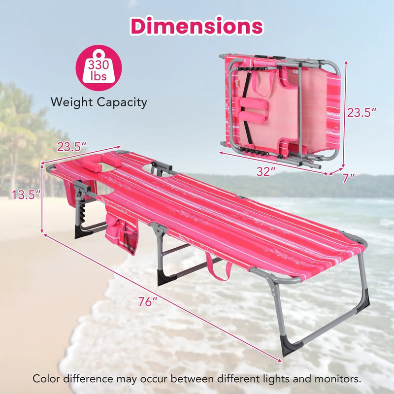 Folding Beach Lounge Chair with Pillow for Outdoor-Pink and White by DirectDeals