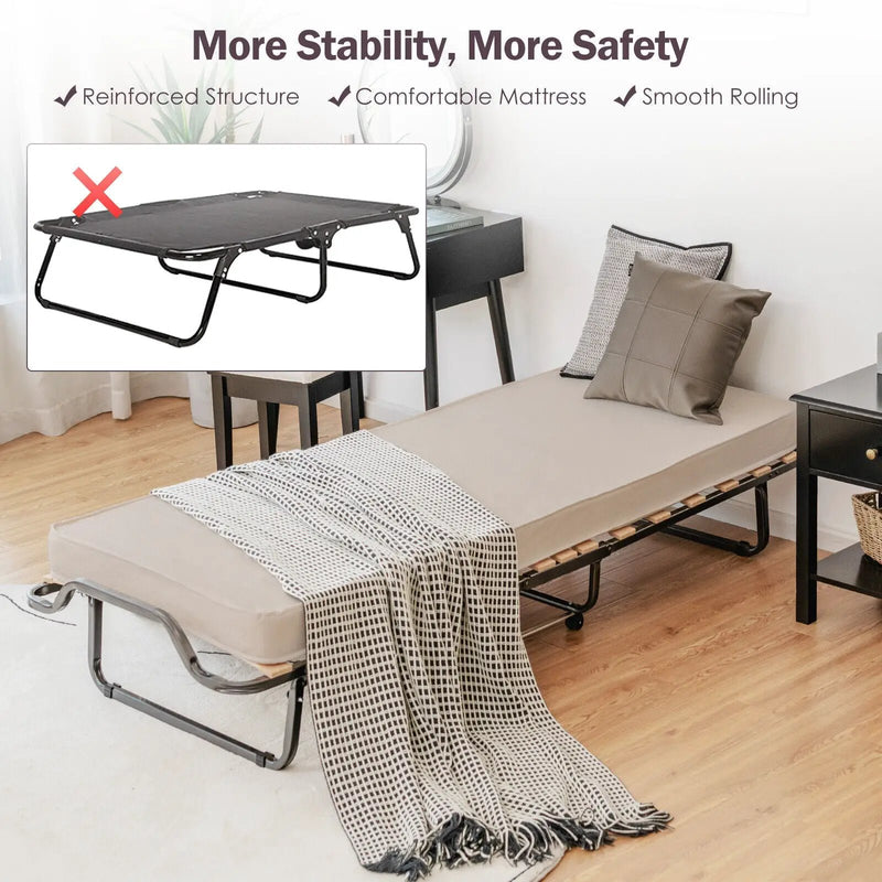 Rollaway Folding Bed with Memory Foam Mattress and Dust-Proof Bag Made in Italy by DirectDeals
