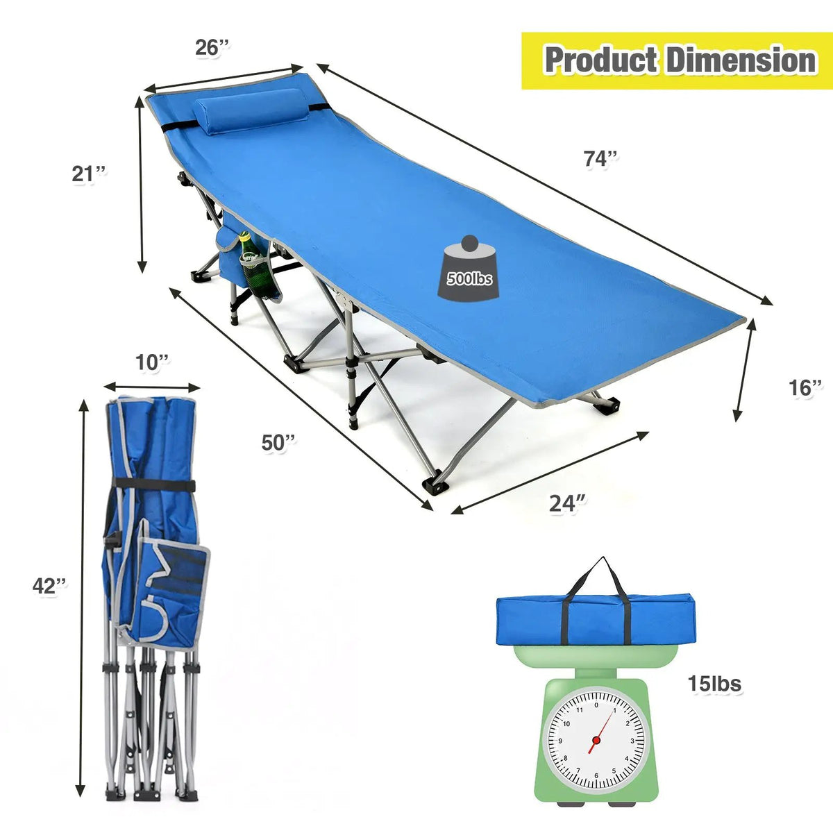 Folding Camping Cot with Side Storage Pocket Detachable Headrest, photo 7 of 16