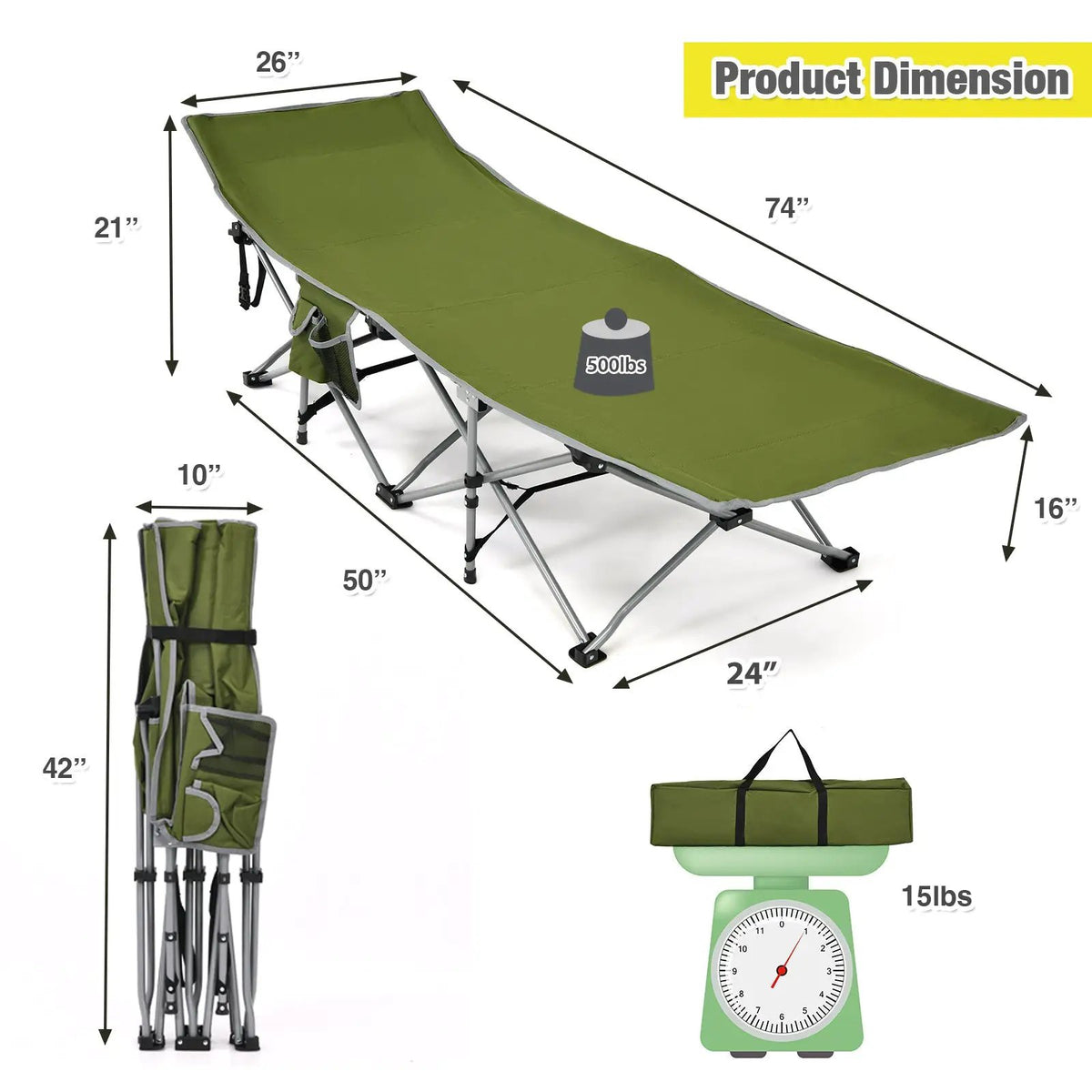 Folding Camping Cot with Side Storage Pocket Detachable Headrest, photo 8 of 16