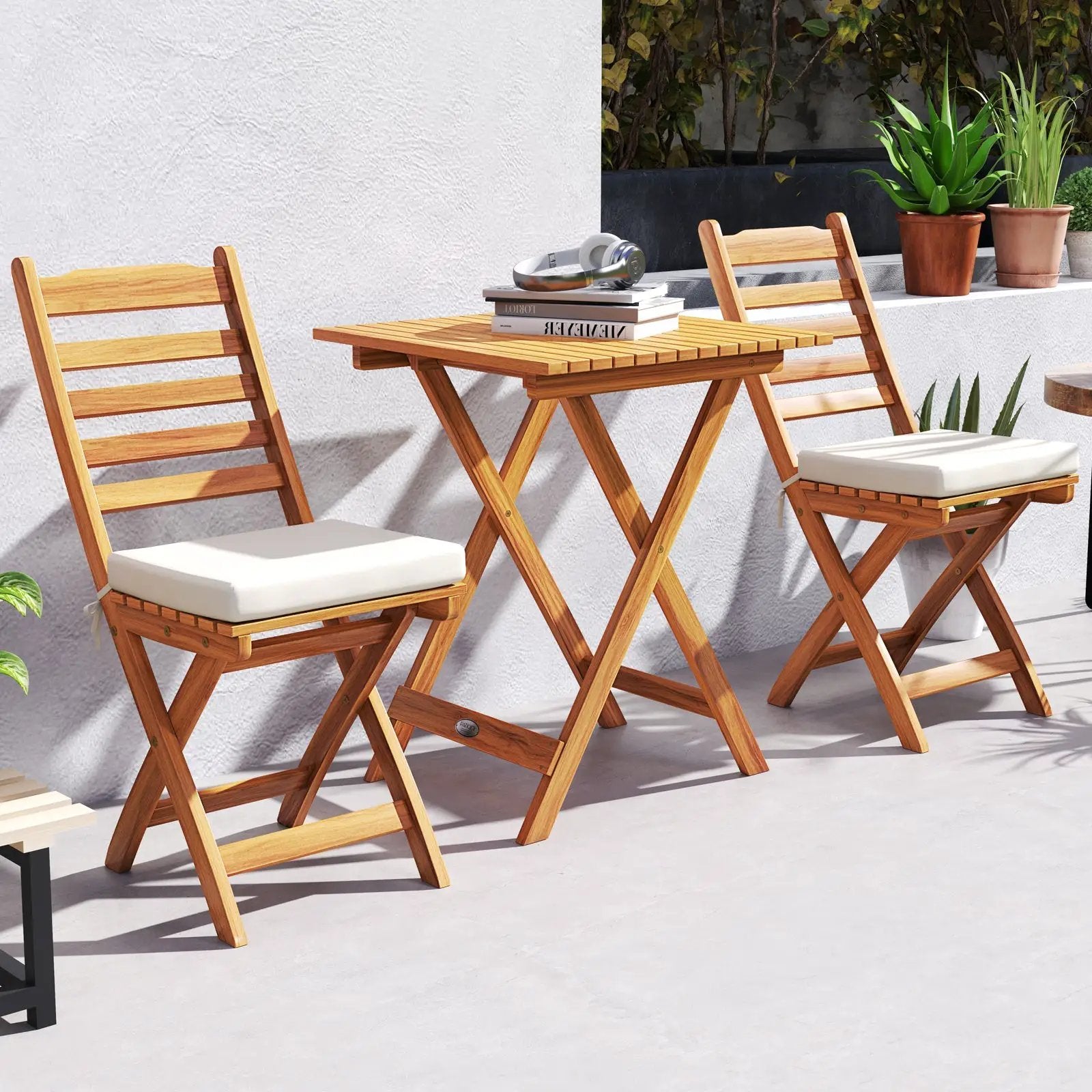 Folding Chair Table Set with Soft Seat Cushions and Table-White by DirectDeals
