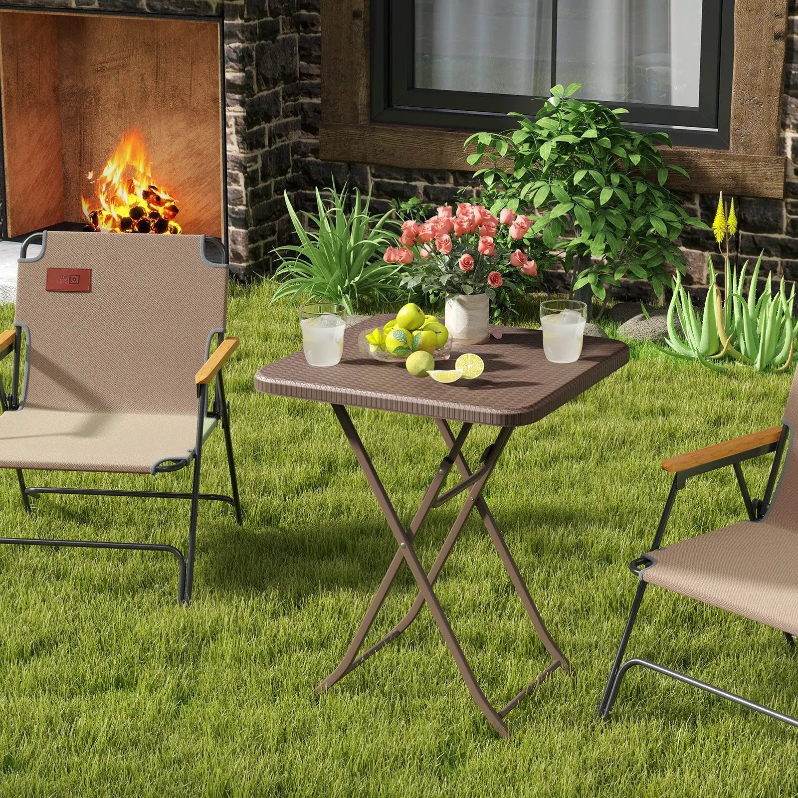 Folding Picnic Table with Rattan Grain HDPE Tabletop and Sturdy Metal Fame-Coffee by DirectDeals