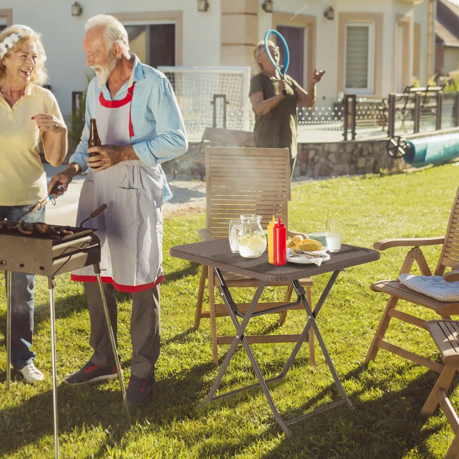 Folding Picnic Table with Rattan Grain HDPE Tabletop and Sturdy Metal Fame-Coffee by DirectDeals