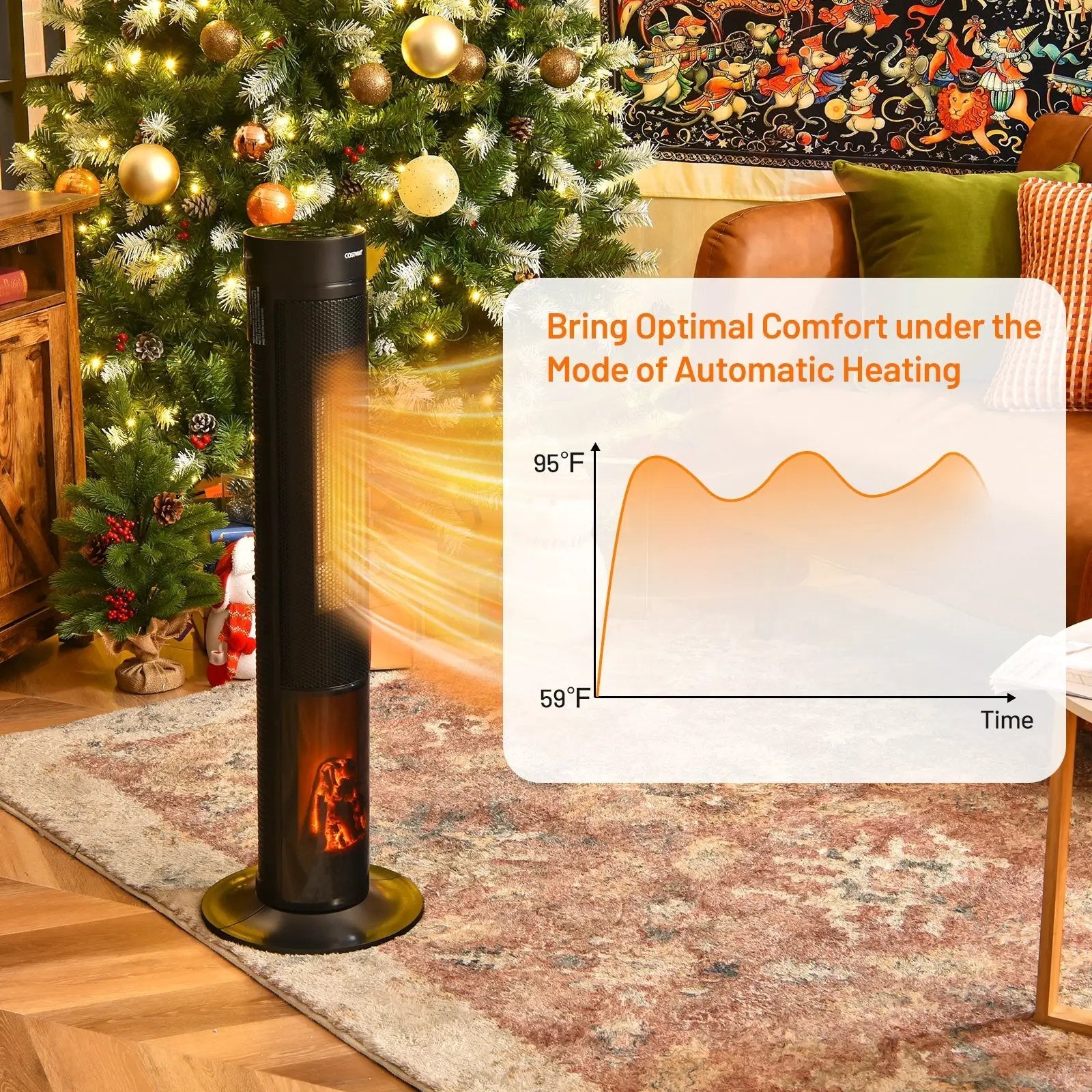 1500W Ceramic Tower Space Heater with Remote Control and Realistic 3D Flame by DirectDeals