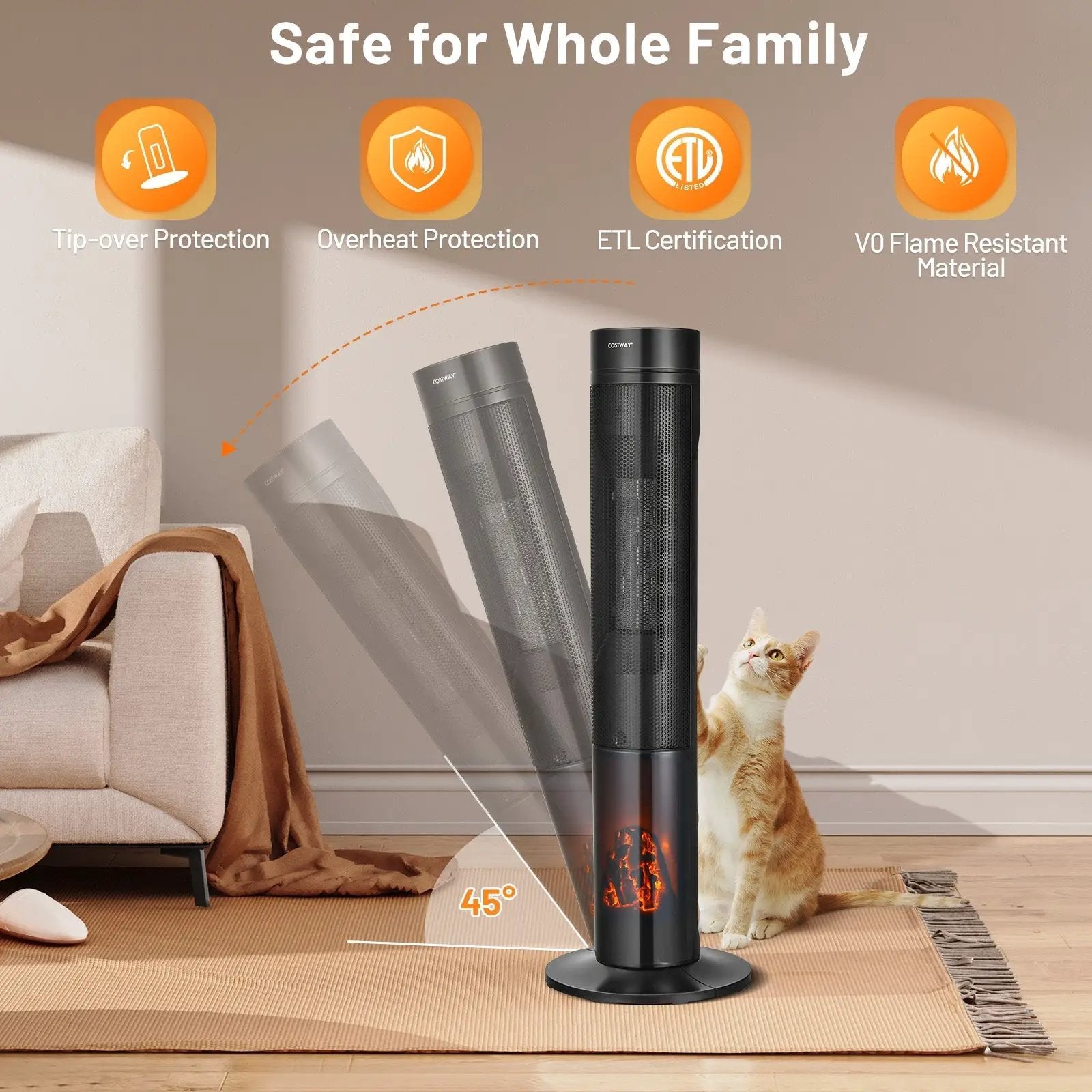 1500W Ceramic Tower Space Heater with Remote Control and Realistic 3D Flame by DirectDeals