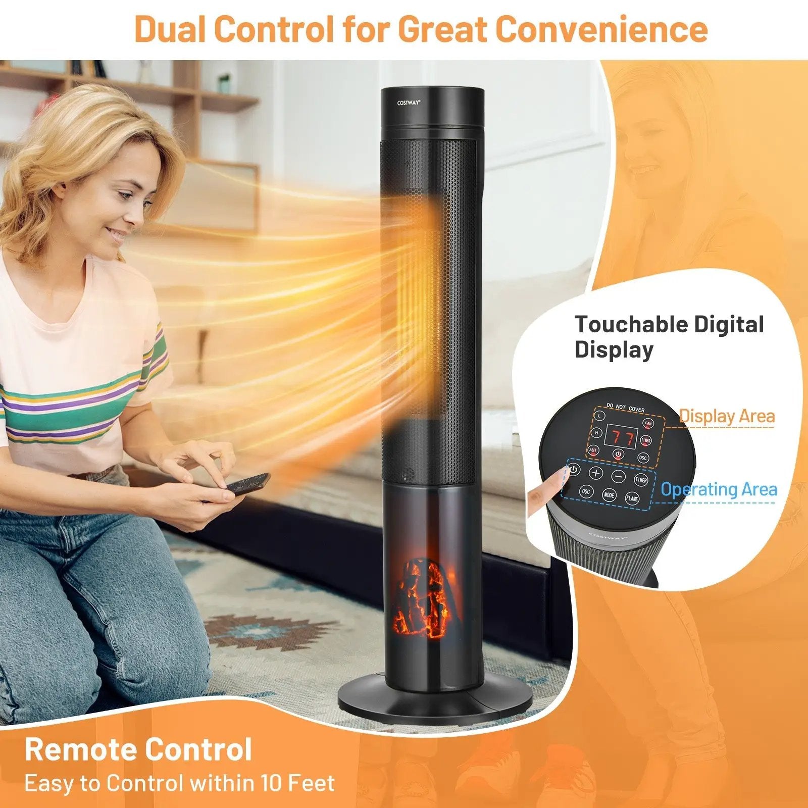 1500W Ceramic Tower Space Heater with Remote Control and Realistic 3D Flame by DirectDeals